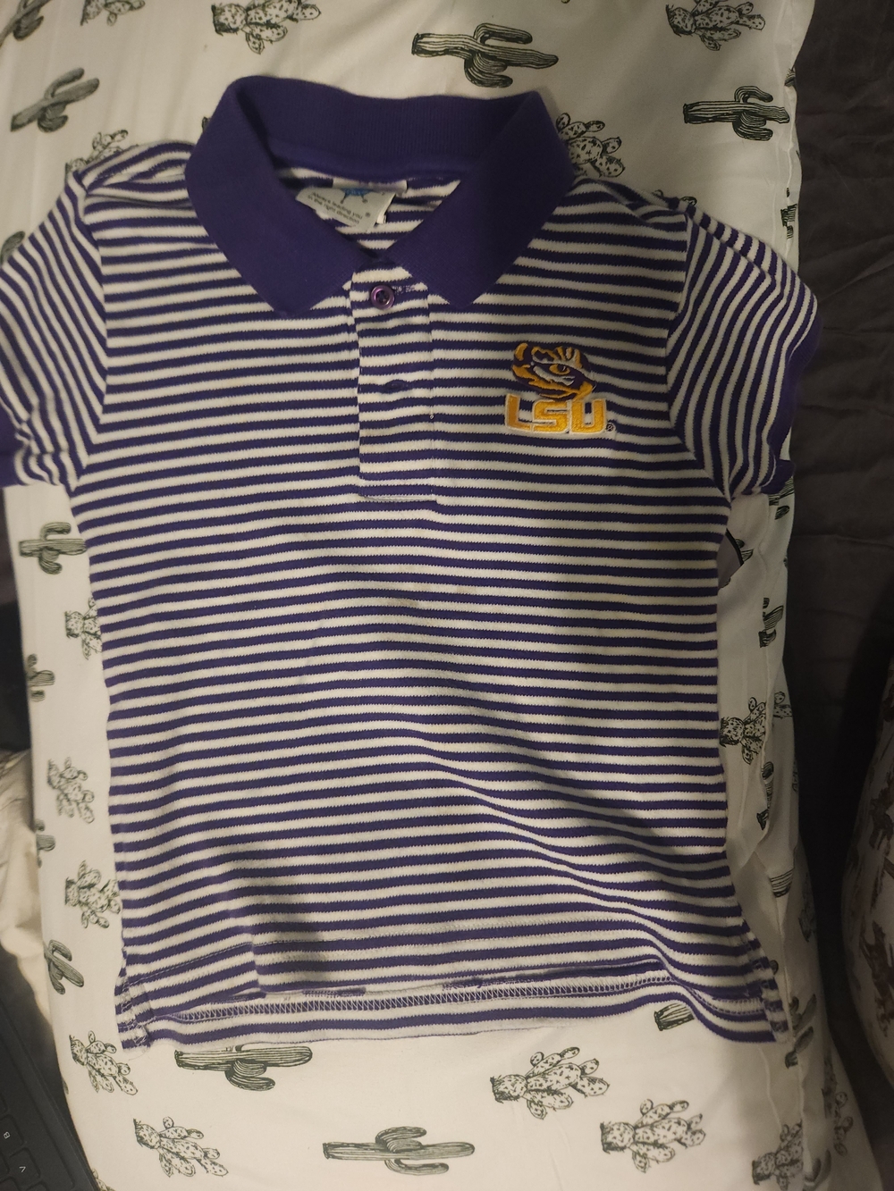 Source Unknown Purple and White Striped Kids Polo with LSU Logo